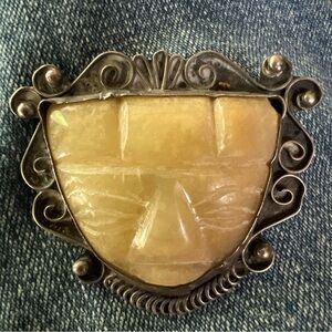 Vintage Antique Silver Carved Stone Broach Stamped Mexico Circa 1850 via clasp.